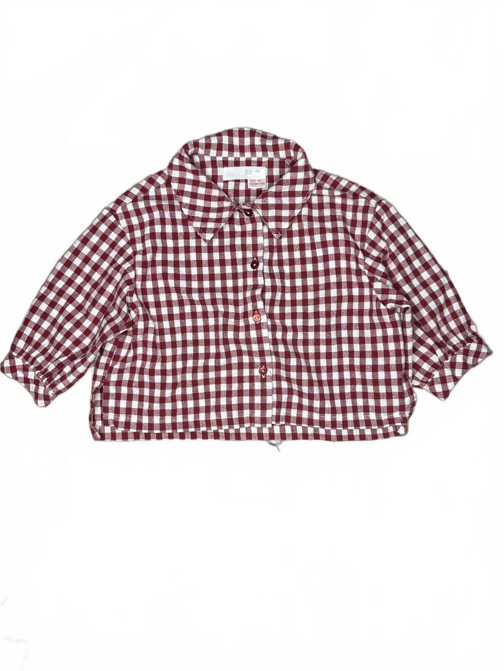 Zara Toddler Burgundy and White Gingham Button-Up Shirt, 18-24 Months